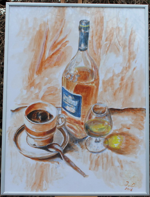 Stilleben - cognacflaske, glas og kaffekop